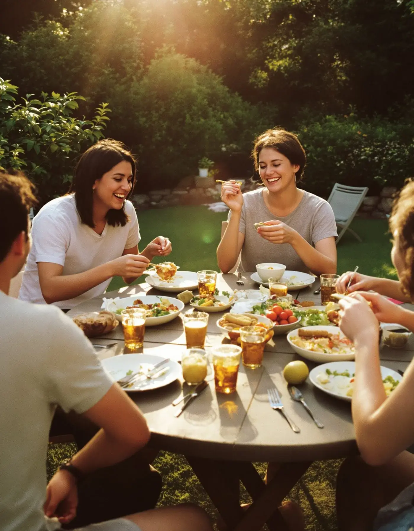 Mehrere Menschen essen an einem runden Gartentisch im Abendlicht und lachen.