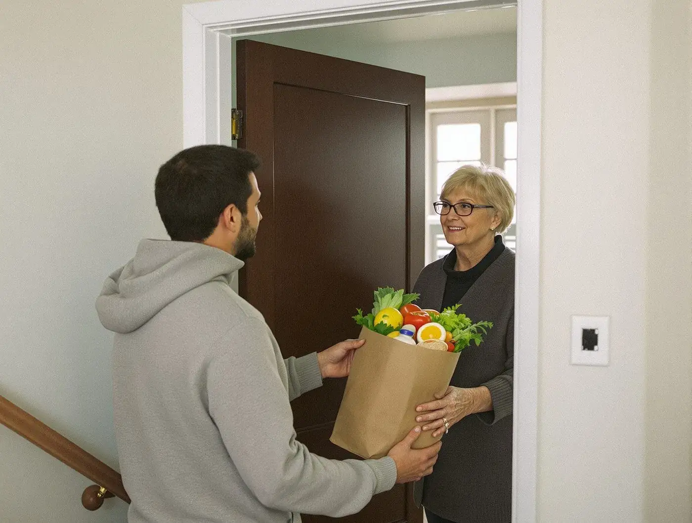 Ein junger Mann reicht einer älteren Frau in der Wohnungstür eine Papiertüte mit Gemüse und Brot.