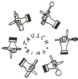 Logo des Tauschrings Mainz: sechs Hände mit Werkzeugen im Kreis