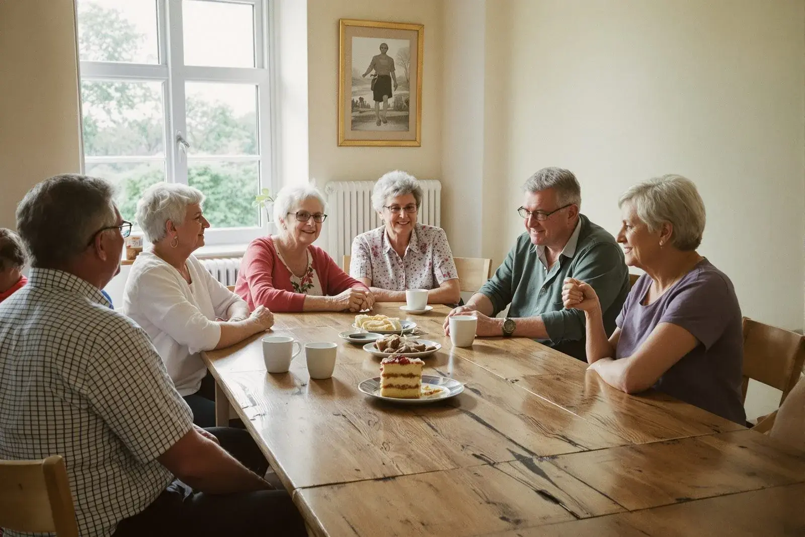 Sechs Menschen sitzen an einem langen Holztisch in einem hellen Raum, trinken Kaffee, essen Kuchen und unterhalten sich.